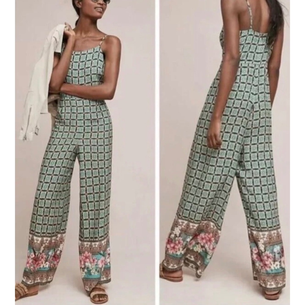 FARM RIO Green Floral Print‎ Honolulu Wide Leg Pant Jumpsuit M Anthropologie
